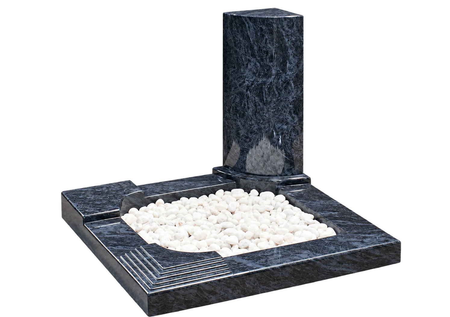 Rendu 3D d'un monument funéraire en granit bleu poli, avec stèle verticale et espace garni de galets blancs.