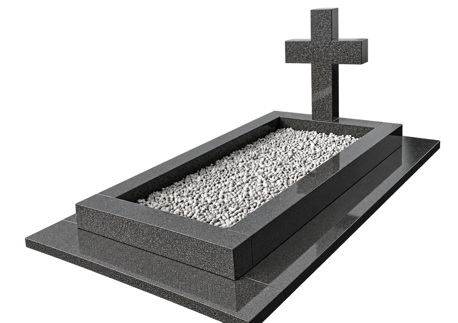 Rendu 3D d'une tombe en granit gris foncé surmontée d'une croix, avec un encadrement rempli de galets blancs.
