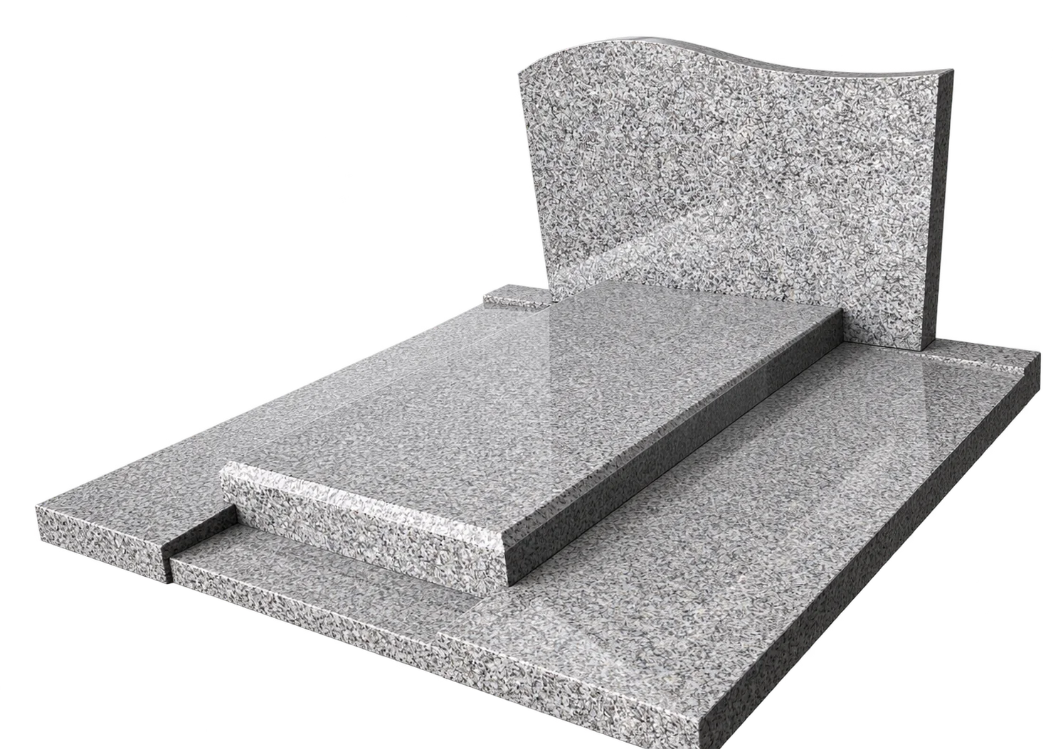 Rendu 3D d'un monument funéraire en granit gris moucheté, composé d'une stèle ondulée, d'une dalle et d'un socle.