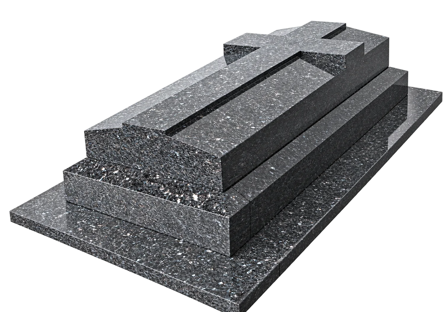 Rendu d'un monument funéraire en granit noir pailleté, composé de plusieurs niveaux et surmonté d'une croix, posé.