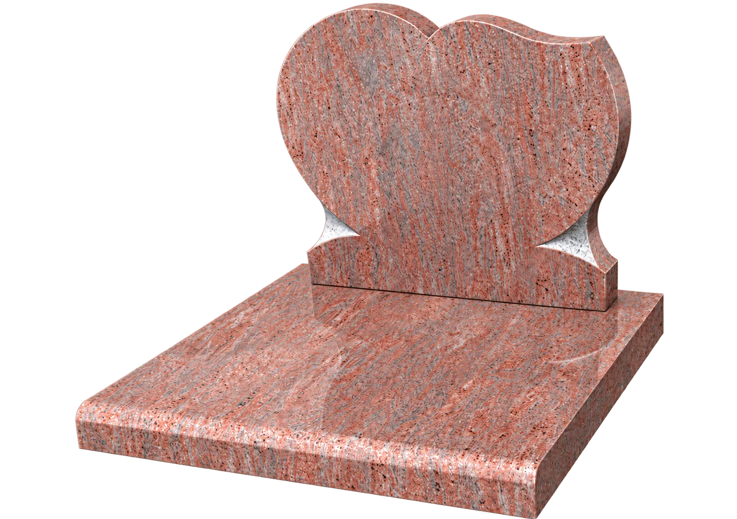 Rendu d'un monument funéraire en granit rose veiné, avec une stèle en forme de cœur posée sur une dalle polie.