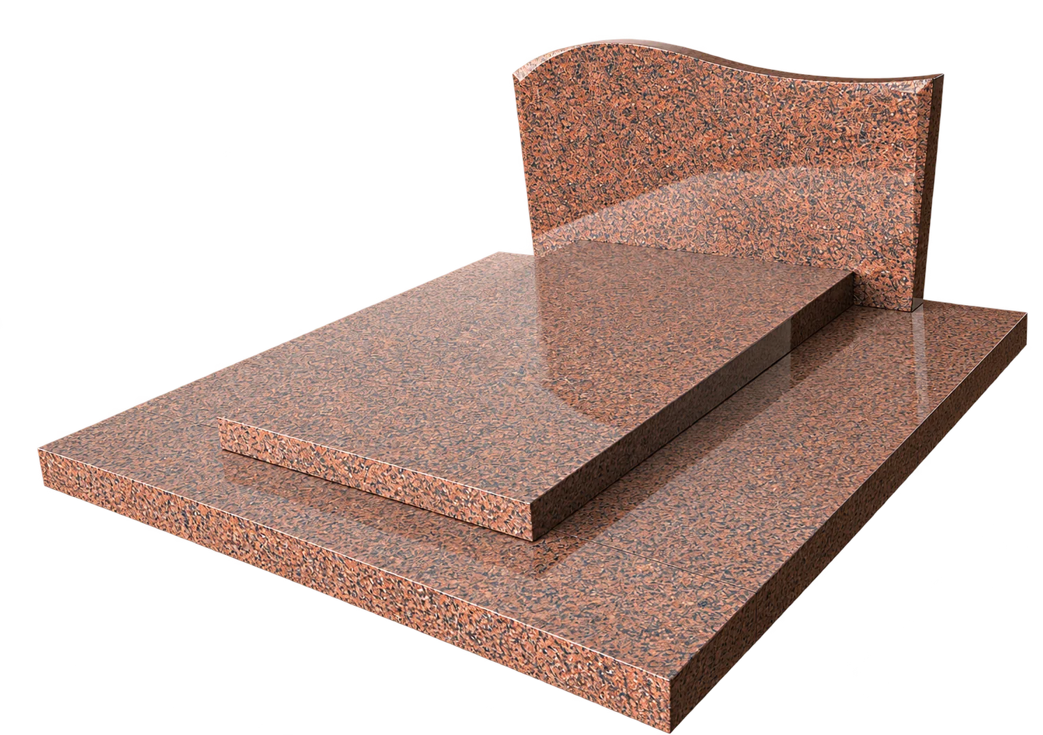Rendu 3D d'un monument funéraire en granit rouge poli composé d'une base, d'une dalle et d'une stèle à sommet ondulé.